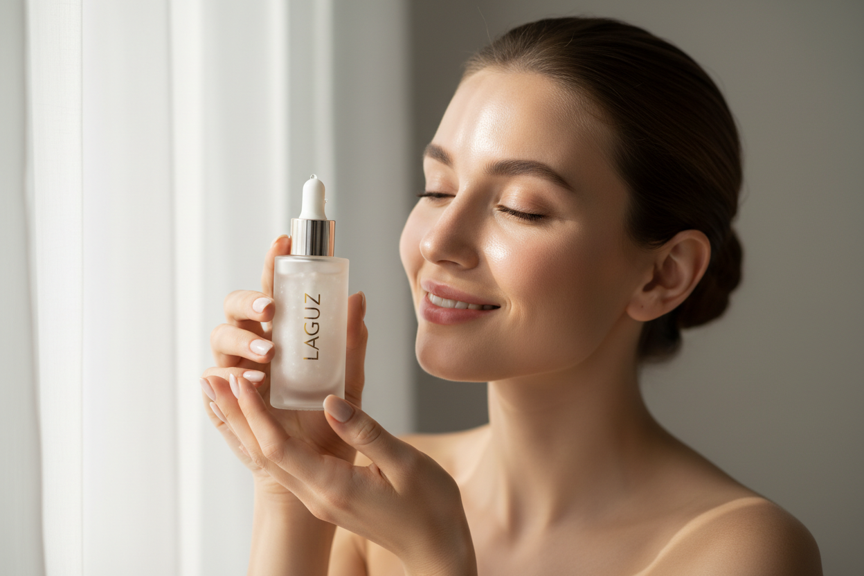 a women with beautiful skin holding a bottle of serum with the name LAGUZ written on it in her hand 